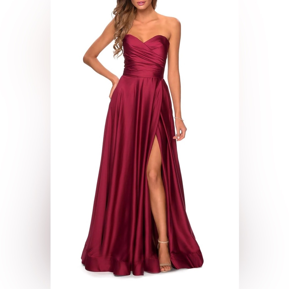 LA FEMME Red Wine Satin Strapless A Line Prom Gown Dress with Leg Slit